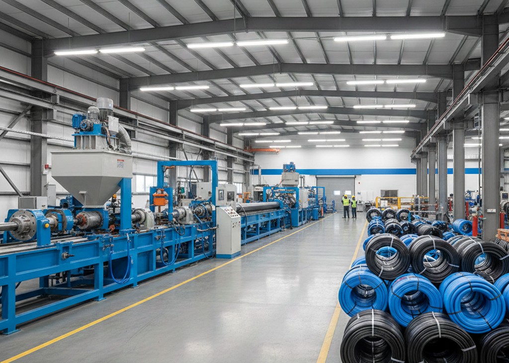 Manufacturing unit showcasing colorful finished pipe products